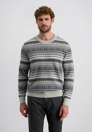 Strickpullover mit einem gemusterten Design in Blau, Grau und Creme. Runder Ausschnitt und gerippte Bündchen, aus einer weichen Wollmischung gefertigt.