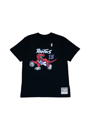 Czarna koszulka z logo Toronto Raptors, czerwona dinozaur odbijający piłkę do koszykówki, numer 15 oraz naszywka NBA Hardwood Classics.