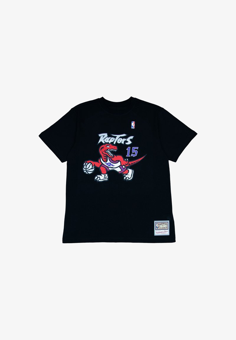 Μαύρο T-shirt με το λογότυπο των Toronto Raptors, κόκκινος δεινόσαυρος που ντριπλάρει το μπάσκετ, αριθμός 15 και επιγραφή NBA Hardwood Classics.