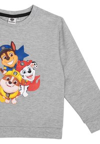 Felpa grigia con un design stampato colorato che raffigura tre cani cartoon di colori diversi, indossanti cappelli, su uno sfondo di tessuto liscio.