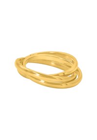Anello in tono oro con tre fasce intrecciate, dalla finitura liscia e lucida e dalla forma arrotondata.