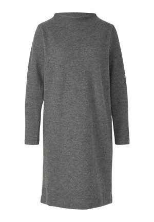 Graues Strickkleid mit hohem Ausschnitt, langen Ärmeln und gerader Silhouette. Verfügt über eine weiche Textur und einen mittellangen Schnitt.