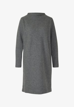 Graues Strickkleid mit hohem Ausschnitt, langen Ärmeln und gerader Silhouette. Verfügt über eine weiche Textur und einen mittellangen Schnitt.