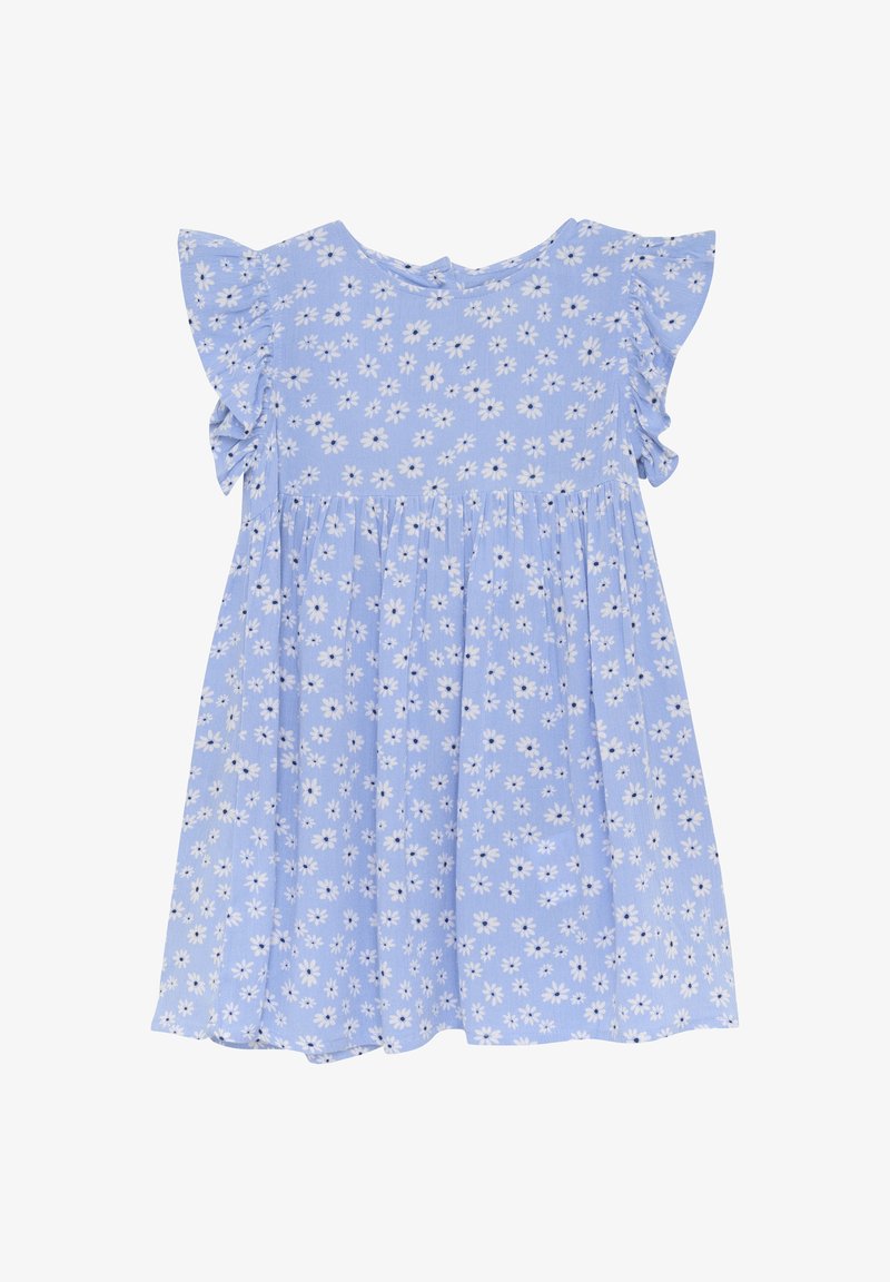 Robe enfant bleu clair avec imprimé marguerite blanche et manches courtes volantées, taille froncée, longueur genou.