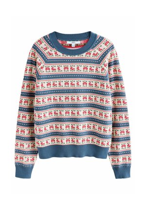 Langarm-Strickpullover mit blauen gerippten Bündchen, Kragen und Saum, der horizontale Reihen roter Blumen- und geometrischer Muster auf einem cremfarbenen Hintergrund zeigt.