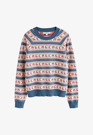 Pikkade varrukatega kudumissviiter siniste soonikuvarrukate, krae ja ääristega, millel on horisontaalsed read punastest lille- ja geomeetrilistest mustritest kreemjas taustal.