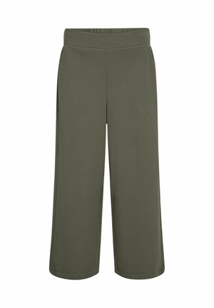 Olijfgroene wijde broek met een elastische tailleband, gemaakt van een gladde stof. Beschikt over twee zijzakken en heeft geen zichtbare sluitingen.