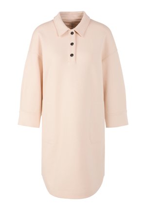 Blassrosa übergroßes Kleid mit Polokragen, drei schwarzen Knöpfen, langen Ärmeln und zwei vorderen Taschen. Glatter Stoff mit lockerem Schnitt.