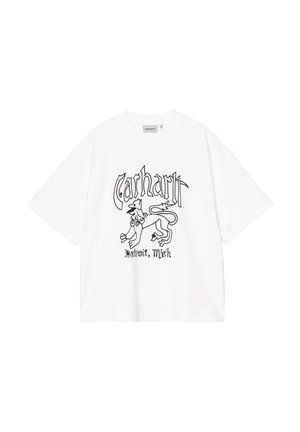 Biała bawełniana koszulka z krótkimi rękawami z czarnym wzorem graficznym przedstawiającym psa oraz napisem "Carhartt Detroit, Mich." z przodu.