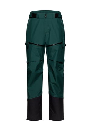 Waterdichte buitenbroek, teal met zwarte accenten, voorzien van een ritszak, verstelbare taille en gebogen knieën voor bewegingsvrijheid.