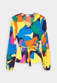 Flerfärgad wrap topp med V-ringning, långa ärmar och knytband. Färgerna inkluderar gult, blått, grönt, rosa och orange. Slät tygtextur.