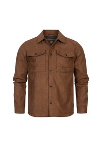 Veste en daim marron à manches longues avec fermeture à boutons sur le devant et deux poches poitrine à rabat avec boutons.