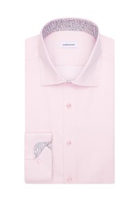 Lichtroze overhemd met lange mouwen, met bloemmotieven aan de binnenkant van de kraag en manchet, voor knoopsluiting en een staande kraag.