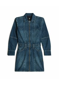 Denim dress with a collar, long sleeves, front zipper, two pockets, and a cinched waist. Features a dark blue wash and visible stitching.