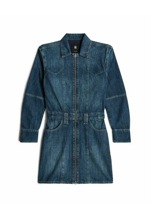Denim jurk met een kraag, lange mouwen, voorrits, twee zakken en een taille die is aangetrokken. Voordat het een donkerblauwe wassing en zichtbare stiksels.