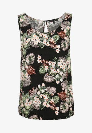 Svart ärmlös blus med vitt och orange blomster- och gröna lövmönster, rund halsringning och liten nyckelhålsöppning bak.
