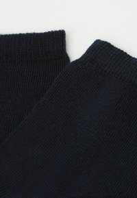 Calzini blu scuro realizzati in tessuto a coste con una superficie liscia e un motivo a maglia contrastante ai polsini, che mostra due sezioni sovrapposte.