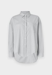Camicia abbottonata grigio chiaro realizzata in un tessuto morbido. Presenta sottili righe verticali, una tasca sul petto e un orlo curvo. Maniche lunghe.