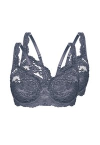Gray lace bralette with detailed floral patterns, adjustable straps, and a small bow accent at the center. Soft mesh lining visible.