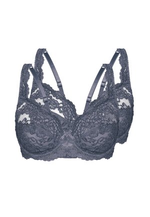 Graue Spitzen-Bralette mit detaillierten Blumenmustern, verstellbaren Trägern und einer kleinen Schleifenakzent in der Mitte. Weiche Netzfutter sichtbar.