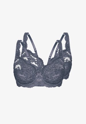 Graue Spitzen-Bralette mit detaillierten Blumenmustern, verstellbaren Trägern und einer kleinen Schleifenakzent in der Mitte. Weiche Netzfutter sichtbar.