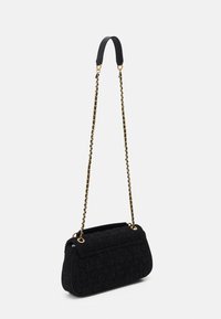 Black textured shoulder bag with gold chain strap interwoven with black leather and a padded shoulder section on a plain background.
