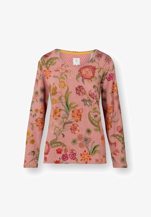 Rosa Langarmoberteil mit floralem Stickereimuster in verschiedenen Farben. Mit Rundhalsausschnitt und gerippter Textur. Maschinengefertigter Stoff.