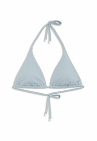 Bikini top triangolare azzurro chiaro con stringhe regolabili al collo e alla schiena, caratterizzato da una texture arricciata e piccoli dettagli in metallo argentato.