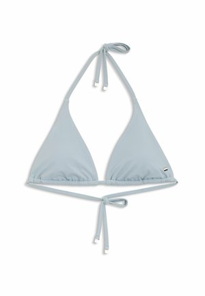 Light blue triangle bikini top with adjustable ties at the neck and back, featuring a gathered texture and small silver hardware accents.