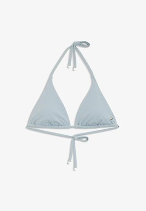 Jasnoniebieski biustonosz bikini w kształcie trójkąta z regulowanymi wiązaniami na szyi i plecach, charakteryzujący się marszczonym materiałem i małymi srebrnymi elementami ozdobnymi.