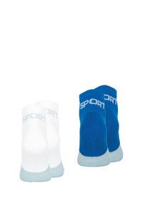 Deux paires de chaussettes : l'une en blanc avec des accents gris clair et le mot "SPORT" en bleu clair, l'autre en bleu avec des accents similaires et un texte.