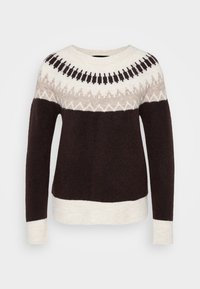 Langermet crewsweater med mørkebrun kropp, kremfargede mansjetter og hem, og en mønstret yoke i krem, beige og svarte toner.