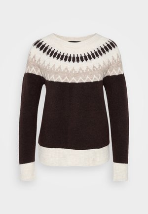 Long-sleeve crewneck sweater with dark brown body, cream cuffs and hem, and a patterned yoke in cream, beige, and black tones.