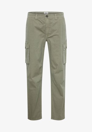 Green cargo pants made of cotton-blend material, featuring side pockets, a zip fly, and stitched detailing. Smooth texture and tapered fit.