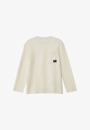 Langarm-T-Shirt in Elfenbein, mit strukturiertem Stoff, einer Brusttasche mit schwarzem Etikett und Rundhalsausschnitt.