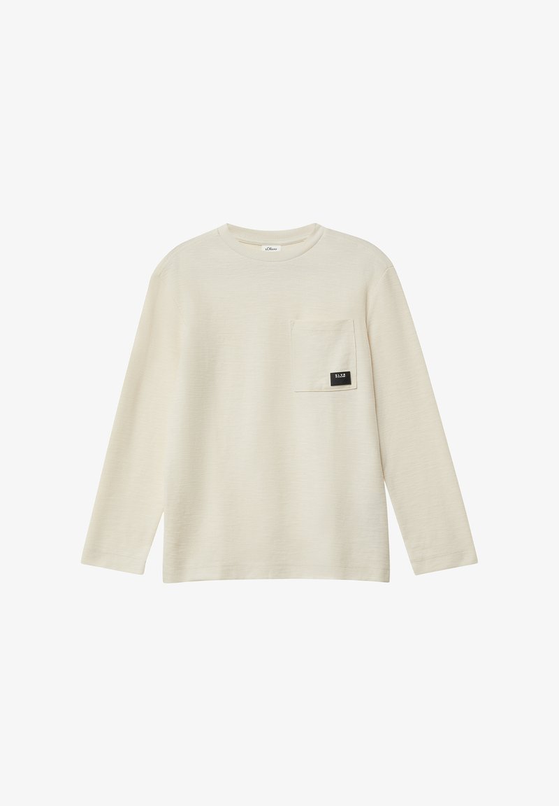 Langarm-T-Shirt in Elfenbein, mit strukturiertem Stoff, einer Brusttasche mit schwarzem Etikett und Rundhalsausschnitt.
