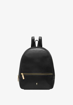 Czarna skórzana plecak z zaokrąglonym wierzchem, złotą kieszenią na zamek z przodu, detal logotypu i regulowanymi paskami na ramiona. Teksturowana powierzchnia.