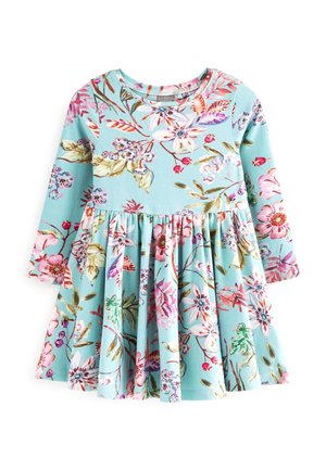 Robe à manches longues pour tout-petit avec jupe froncée, fond turquoise et imprimé floral multicolore comprenant des fleurs roses, blanches et vertes.