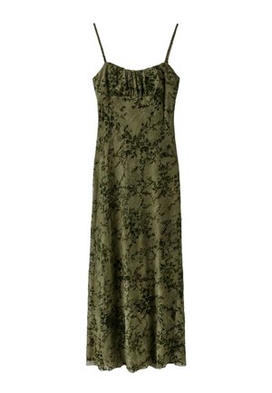 Stradivarius, FLOCKED MIDI STRAP DRESS - Robe longue - khaki