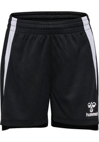 Shorts de sport noirs en tissu texturé, avec des bandes latérales blanches et un logo. Le design comprend une taille élastique et des fentes sur les côtés.