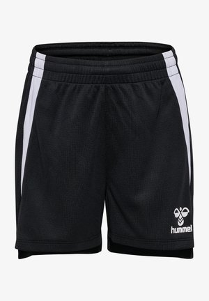 Shorts sportivi neri realizzati in tessuto testurizzato, con strisce laterali bianche e un logo. Il design include una vita elastica e aperture laterali.