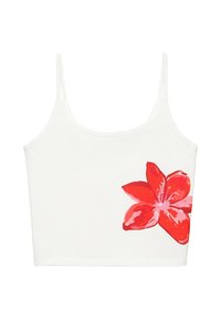 Camisole courte blanche avec fines bretelles et grand motif fleur rouge en bas à droite.