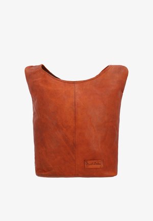 Brun lædertaske med en glat finish og et lille syet mærke med teksten "Rustt Leder" i nederste højre hjørne.