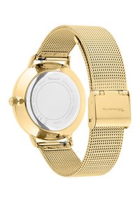 Goldmesh-Uhrenarmband mit rundem Gehäuse, Edelstahlrückseite und strukturierter Oberfläche. Verfügt über einen sicheren Verschluss und glatte Kanten.