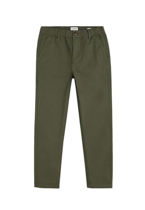 Pantalones rectos verde oliva con cintura elástica, cierre frontal de botones y bolsillos laterales sobre un fondo blanco.