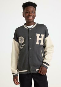 Szara i kremowa kurtka varsity z emblematem lwa, łatą "H" oraz ściągaczami. Wykonana z miękkiego materiału, z zatrzaskami i luźnym krojem.