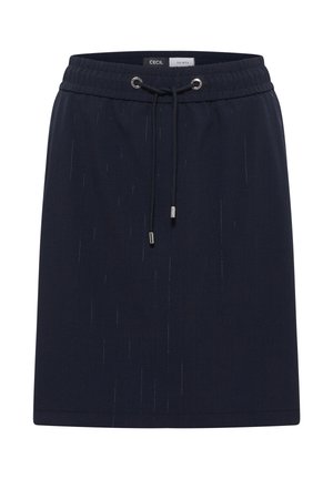 Jupe bleu marine avec ceinture élastique et cordon noir à extrémités argentées, texture subtile à rayures verticales, étiquette à l'intérieur de la ceinture.