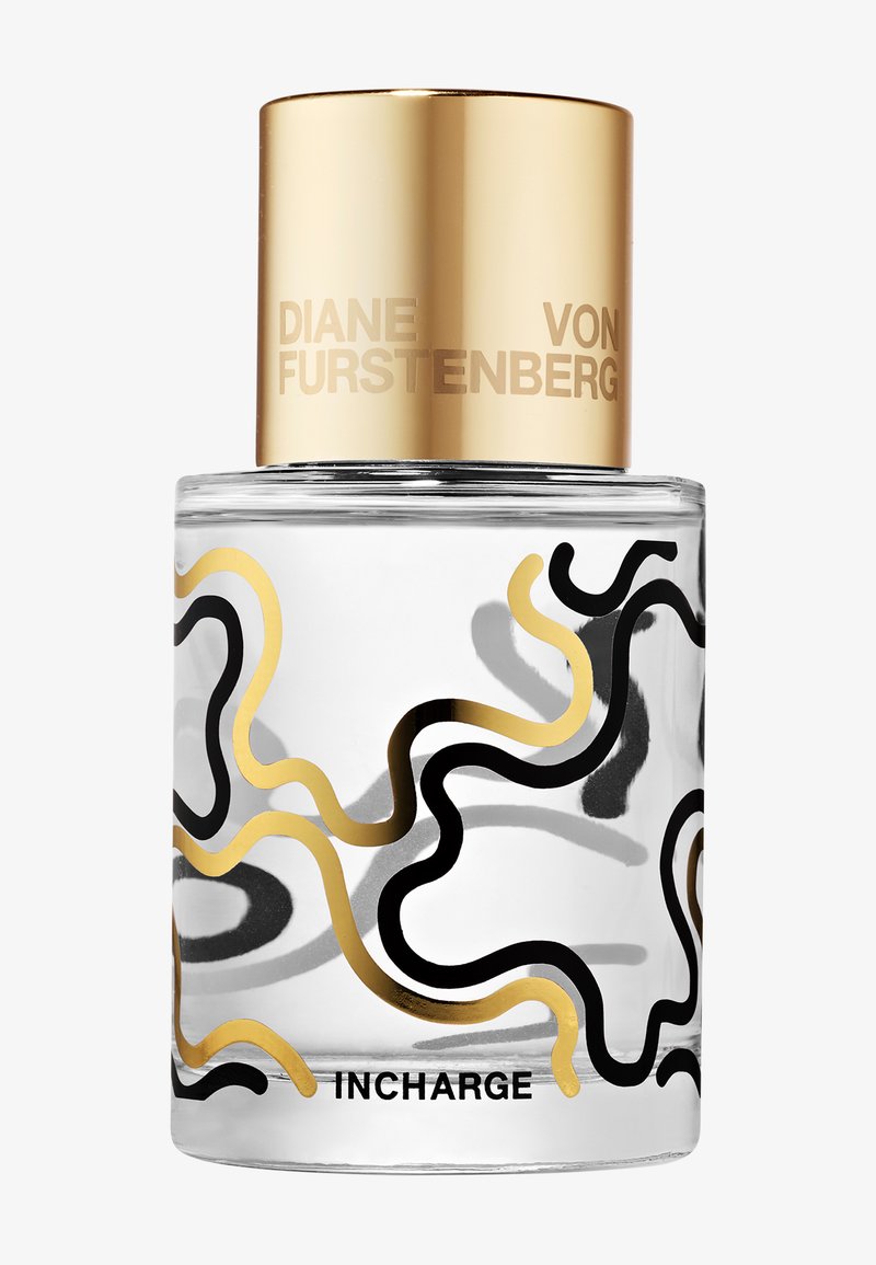 Klar glas parfume flaske med sorte og gyldne bølgede linjer, gyldent låg med mærket "Diane Von Furstenberg" og teksten "InCharge" på forsiden.