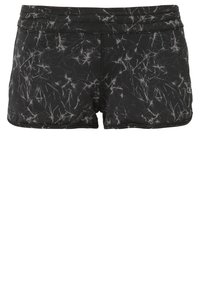 Mustat shortsit, joissa on marmoroitu harmaa kuosi. Niissä on leveä vyötärönauha ja litteät saumat mukavuutta varten. Valmistettu kevyestä, joustavasta kankaasta.