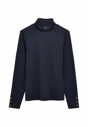 Marineblaue Langarmbluse mit Rüschensaum am Stehkragen und drei goldenen Knöpfen an jedem Ärmelbündchen, schlichte Vorderseite.